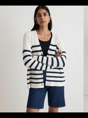 Madewell Navy and White Striped Button-Front Cardigan